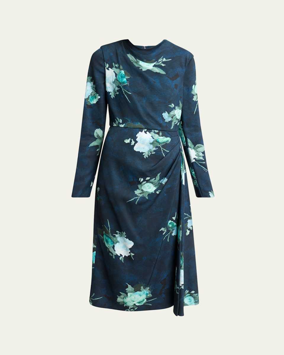Floral Long-Sleeve Draped Midi Dress